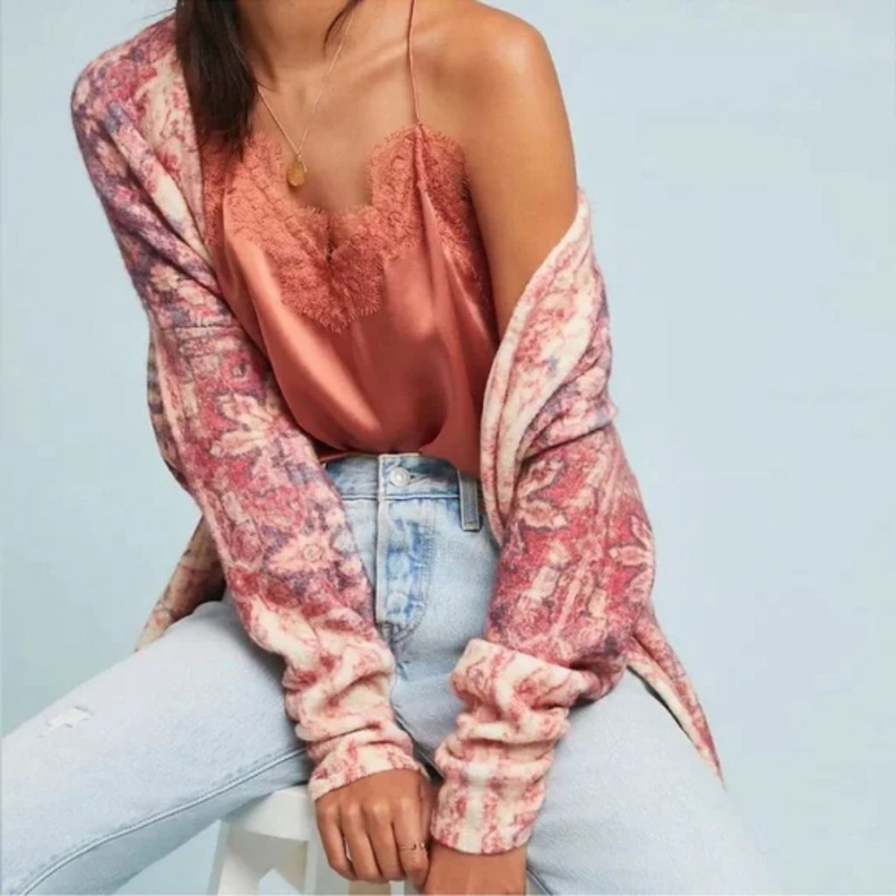 Women's Anthropologie Akemi + Kin Vibrant Floral Cardigan M Pink Beige Long NWOT